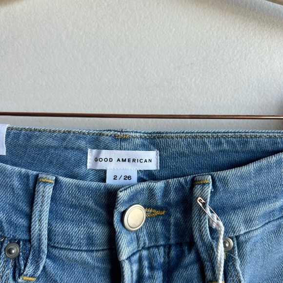 Good American Slim Straight Jeans Womens Size 2 Blue Distressed High Rise NWT - Picture 7 of 9